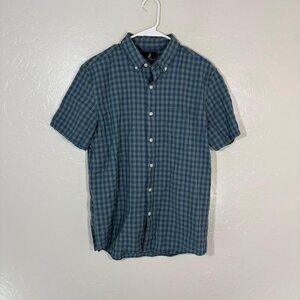 Wool & Prince Shirt Mens Medium Blue Green Gingham Short Sleeve Button Down